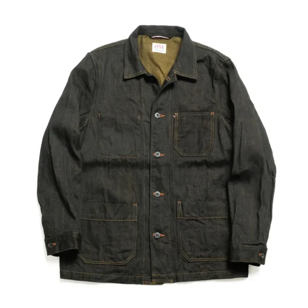 ONI DENIM Coveralls 12.5oz Black x Olive Selvedge Denim Jacket Front